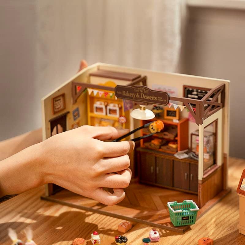 Rolife Becca’s Baking House Miniature Kit | DIY Wooden Bakery Dollhouse with LED Craft Puzzle