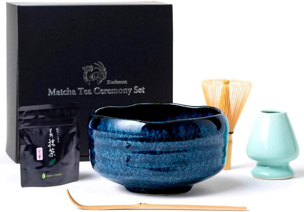 Houkouen Matcha Tea Ceremony Set | 6 Piece Set | Beginner with English Instructions | (Blue Glaze Tea Bowl) | Made in Japan