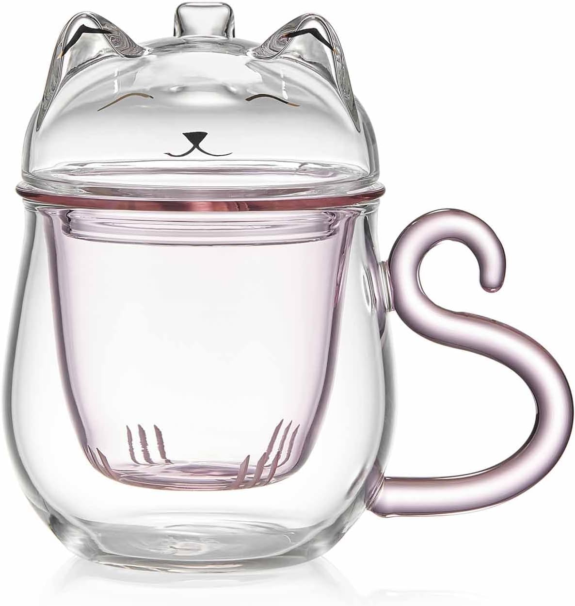 Pocarati Cat Heat-Resistant Glass Tea Mug – 486ml Pink Cute Cup with Lid