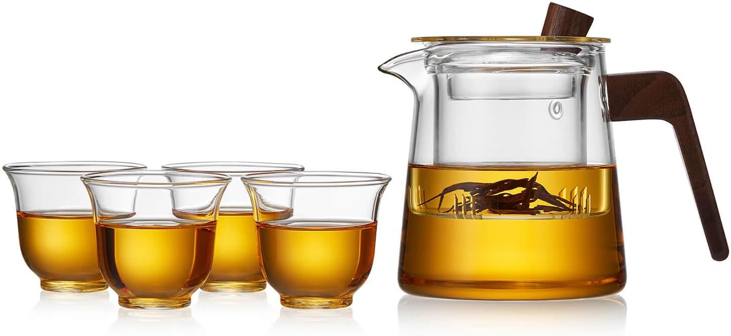 Pocaro Clear Glass Tea Pot Set 550ml – Teapot with 4 Cups, Portable Hospitality Teaware