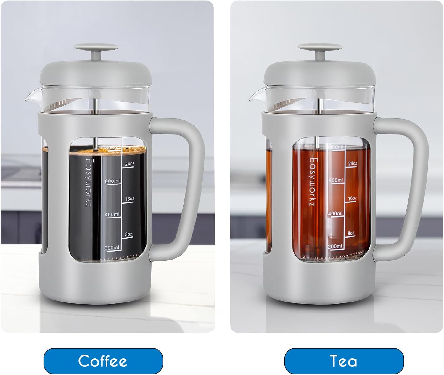 Easyworkz French Press Coffee & Tea Maker – Heat-Resistant Glass, Soft Grip Handle, 1000ml (8 Cups), Light Grey