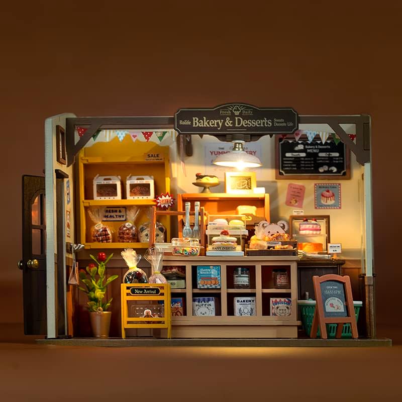 Rolife Becca’s Baking House Miniature Kit | DIY Wooden Bakery Dollhouse with LED Craft Puzzle