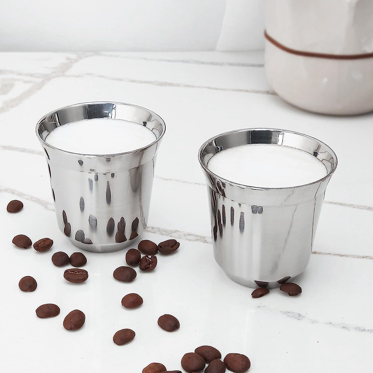 Easyworkz Stainless Steel Espresso Cups – Double Wall Insulated Demitasse Set of 2, 75ml, Chrome