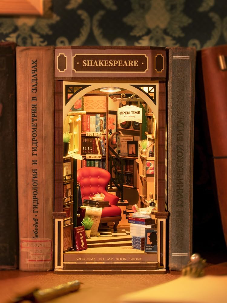 Rolife Bookstore Book Nook Kit | 3D Wooden Puzzle Miniature Shelf Decor with LED Light