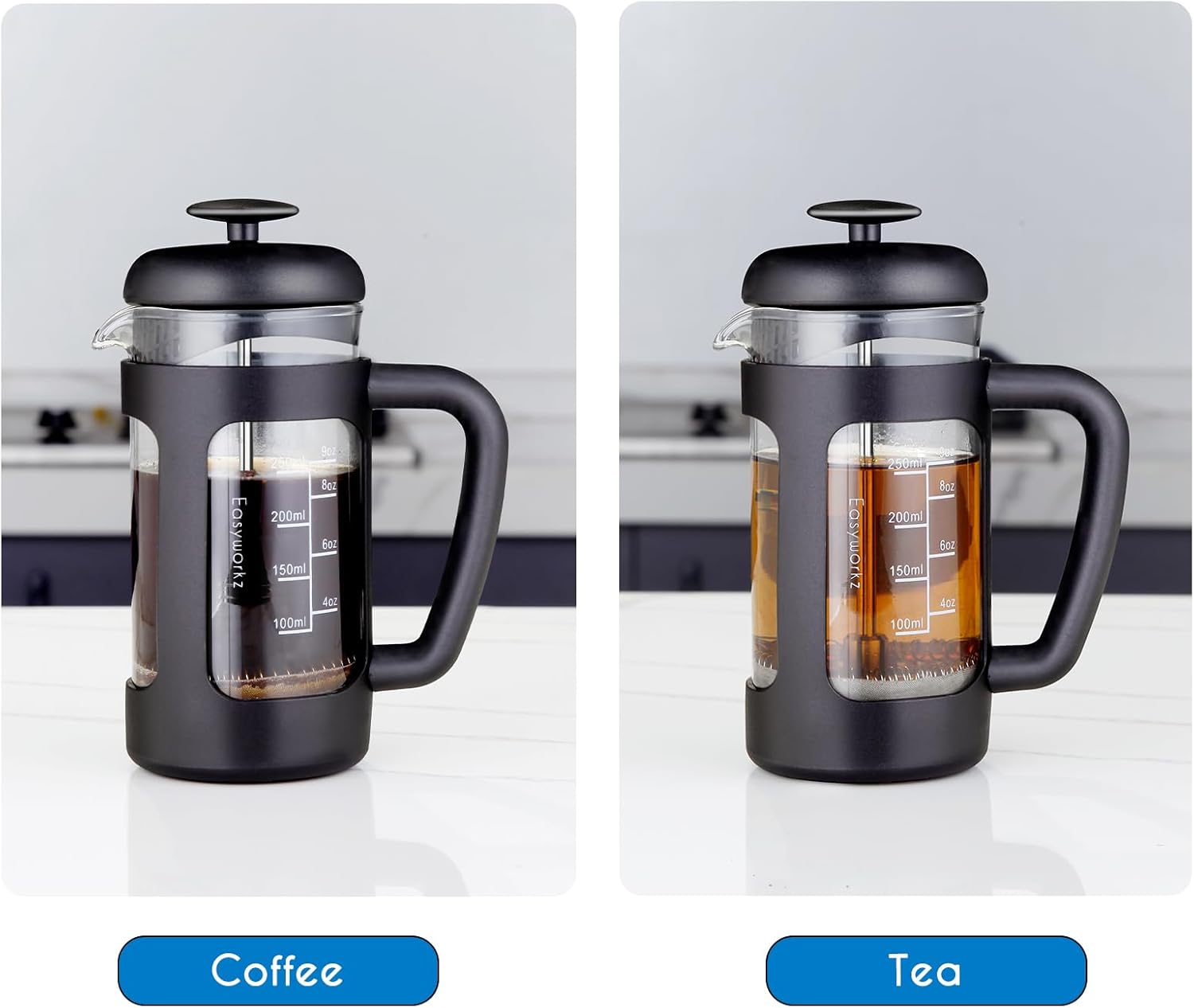 Easyworkz French Press Coffee & Tea Maker – Heat-Resistant Glass, Soft Grip Handle, 350ml (3 Cups), Black