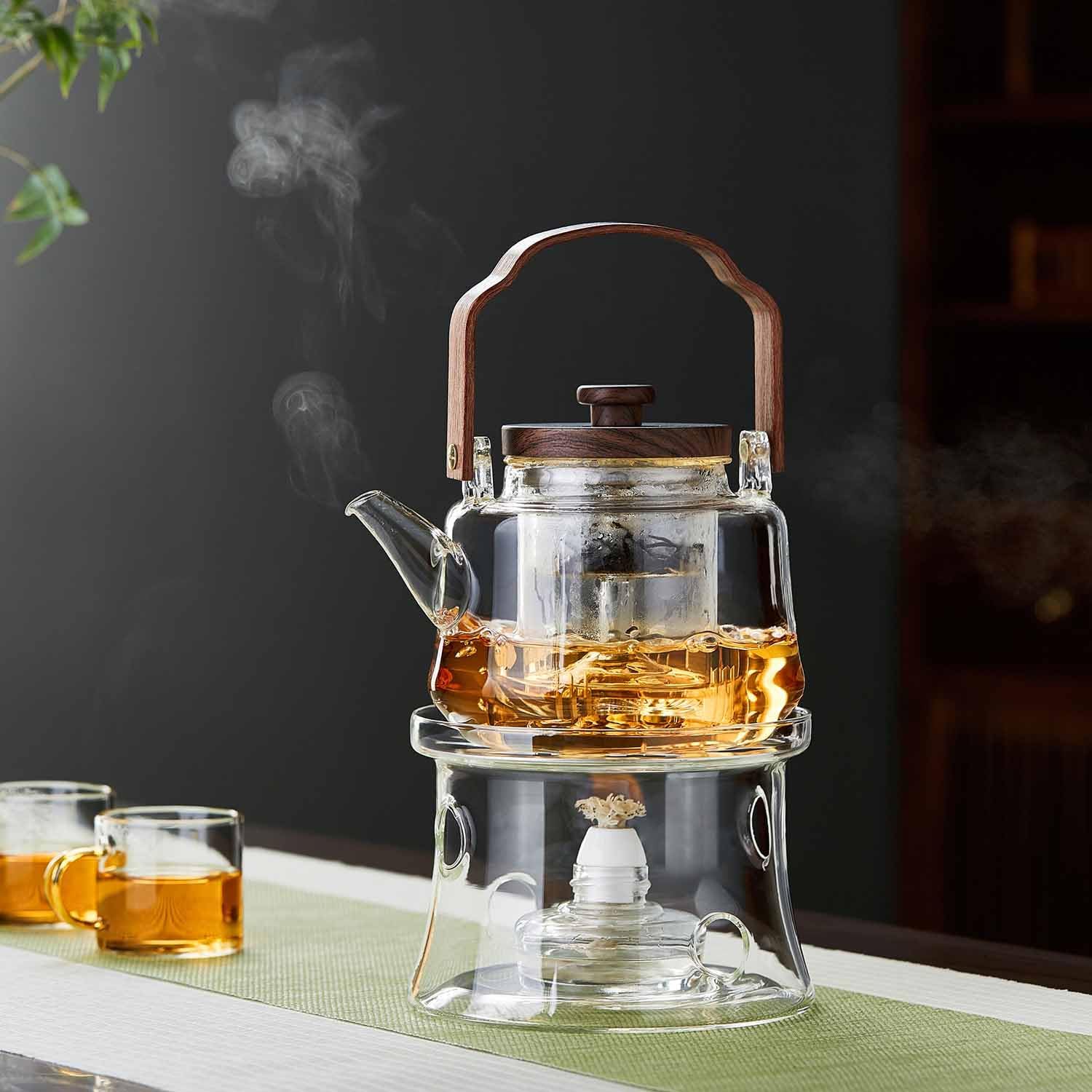 Pocarati Heat-Resistant Glass Teapot 1090ml – Wooden Handle, Tea Strainer, Direct Flame Safe