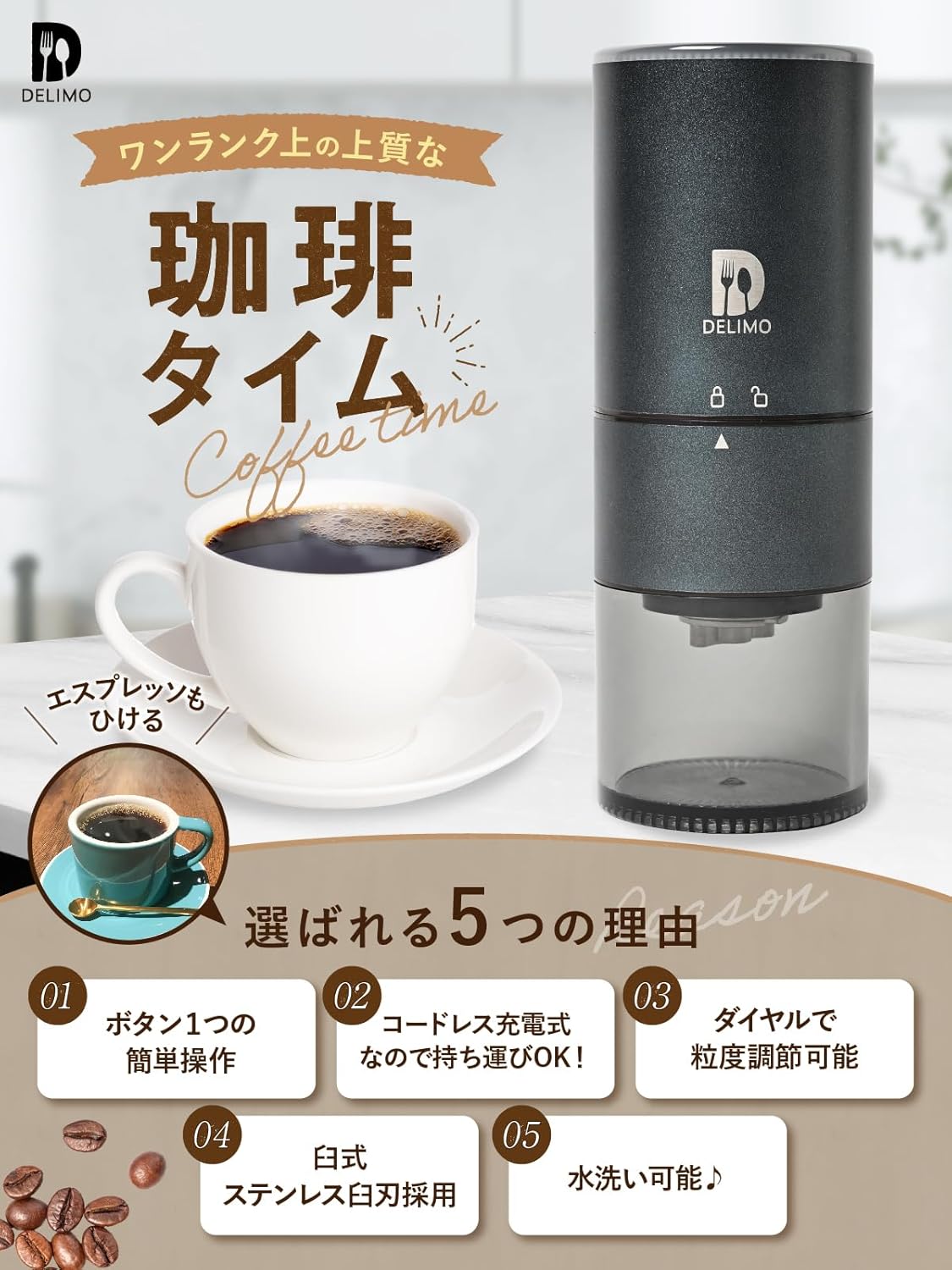 Delimo Cordless Burr Coffee Grinder – USB Rechargeable Conical Stainless Steel Mill for Espresso, Washable, One-Year Warranty