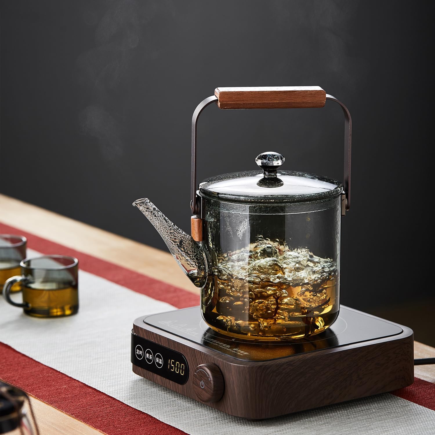 Heat-Resistant Glass Teapot 1100ml – Ink Design, Wooden Handle, Direct Fire Safe, Stylish Craft Tea Kettle