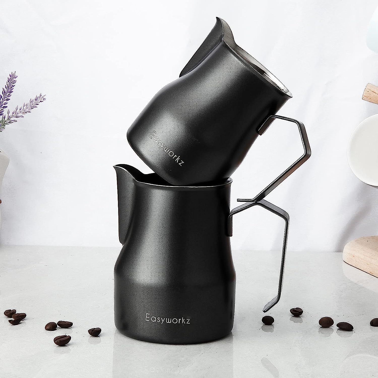 Easyworkz Stainless Steel Milk Pitcher – Latte Art Coffee Frothing Jug, Black, 350ml