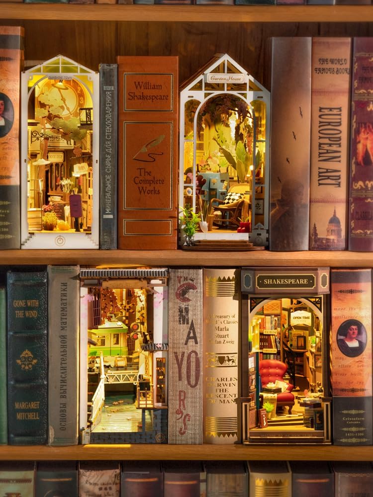 Rolife Bookstore Book Nook Kit | 3D Wooden Puzzle Miniature Shelf Decor with LED Light