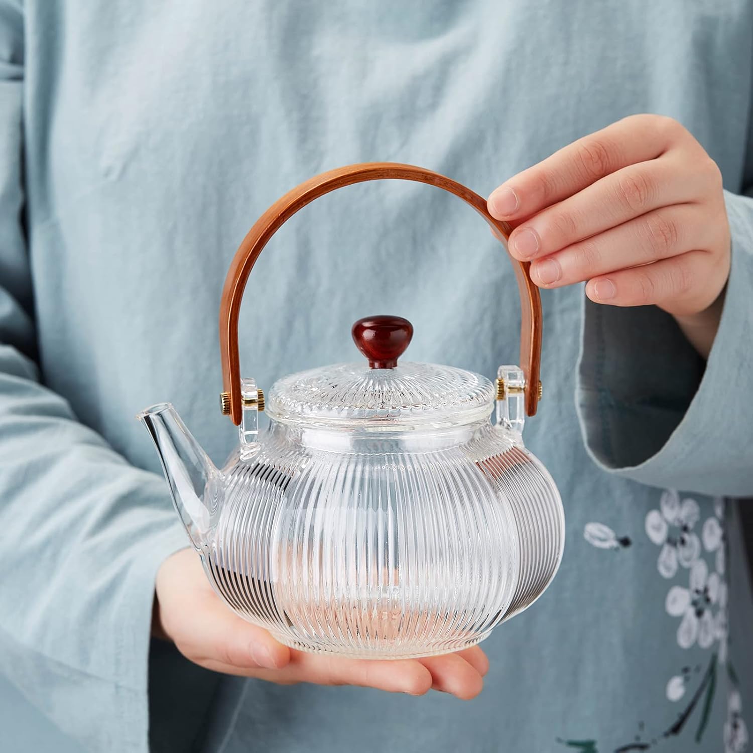 Pocarati Heat-Resistant Glass Teapot Set 760ml – Vertical Striped Lantern Design with 4 Tea Cups