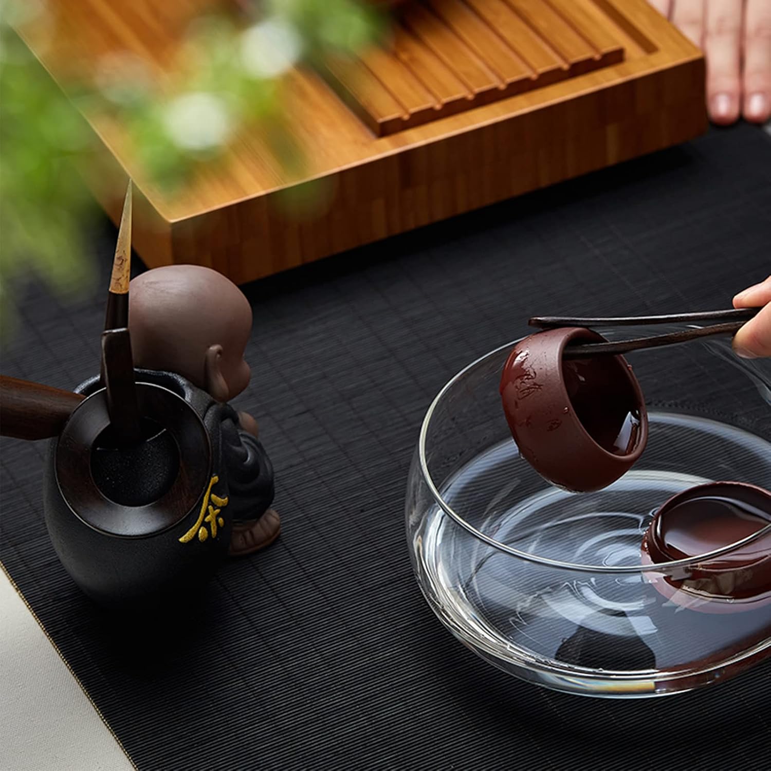 Pokaroty Traditional Tea Ceremony Set – Black Ceramic Teaware with Ebony Wood Accessories