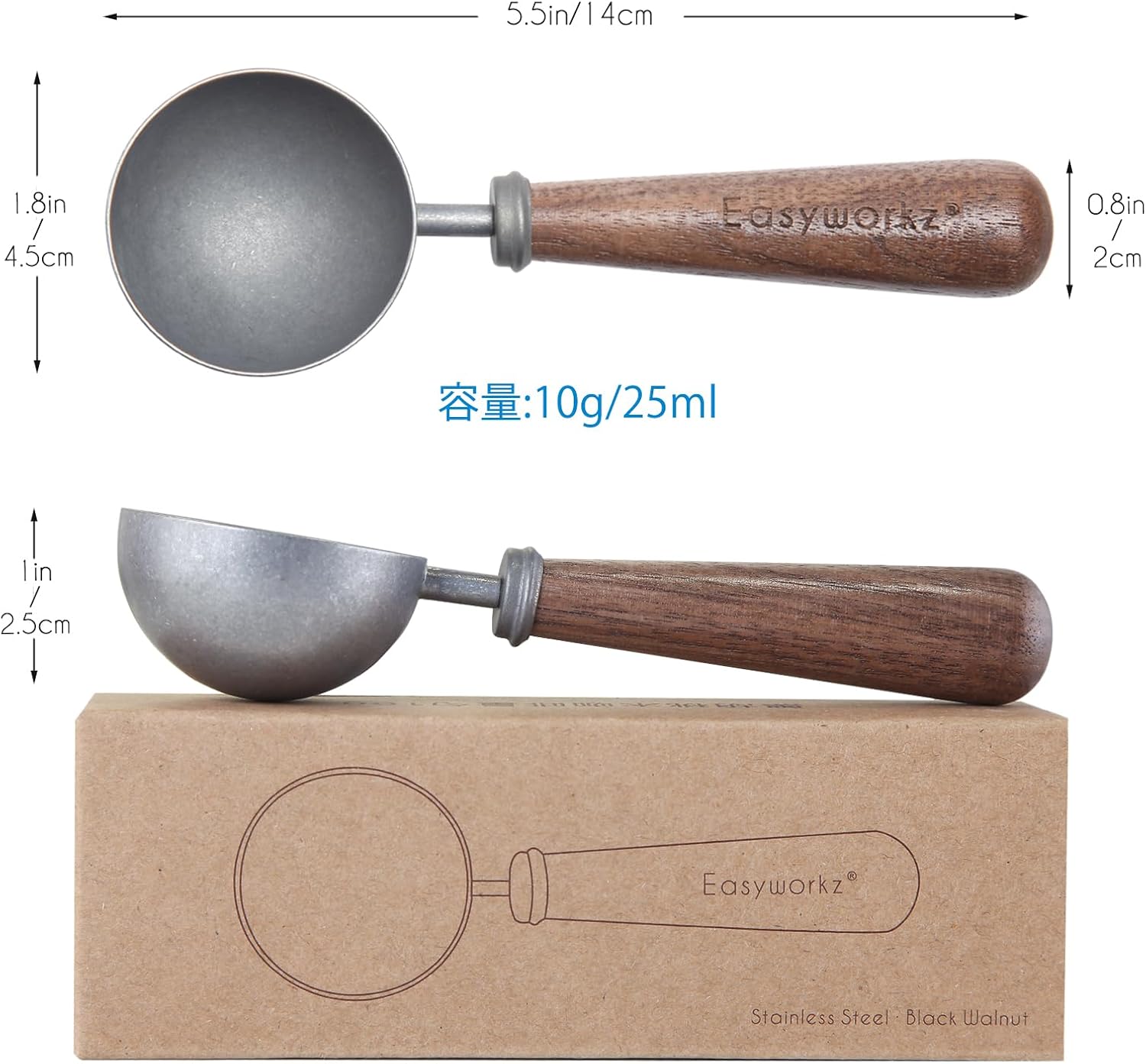 Easyworkz Retro Coffee Measuring Spoon – 10g Stainless Steel Scoop with Black Walnut Handle, Vintage Finish