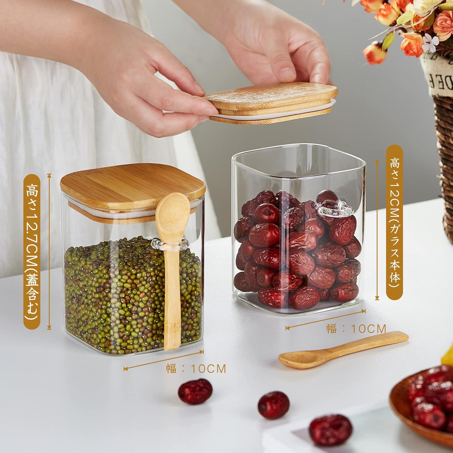 Airtight Glass Storage Canisters – 900ml Set of 2 with Bamboo Lids & Spoons