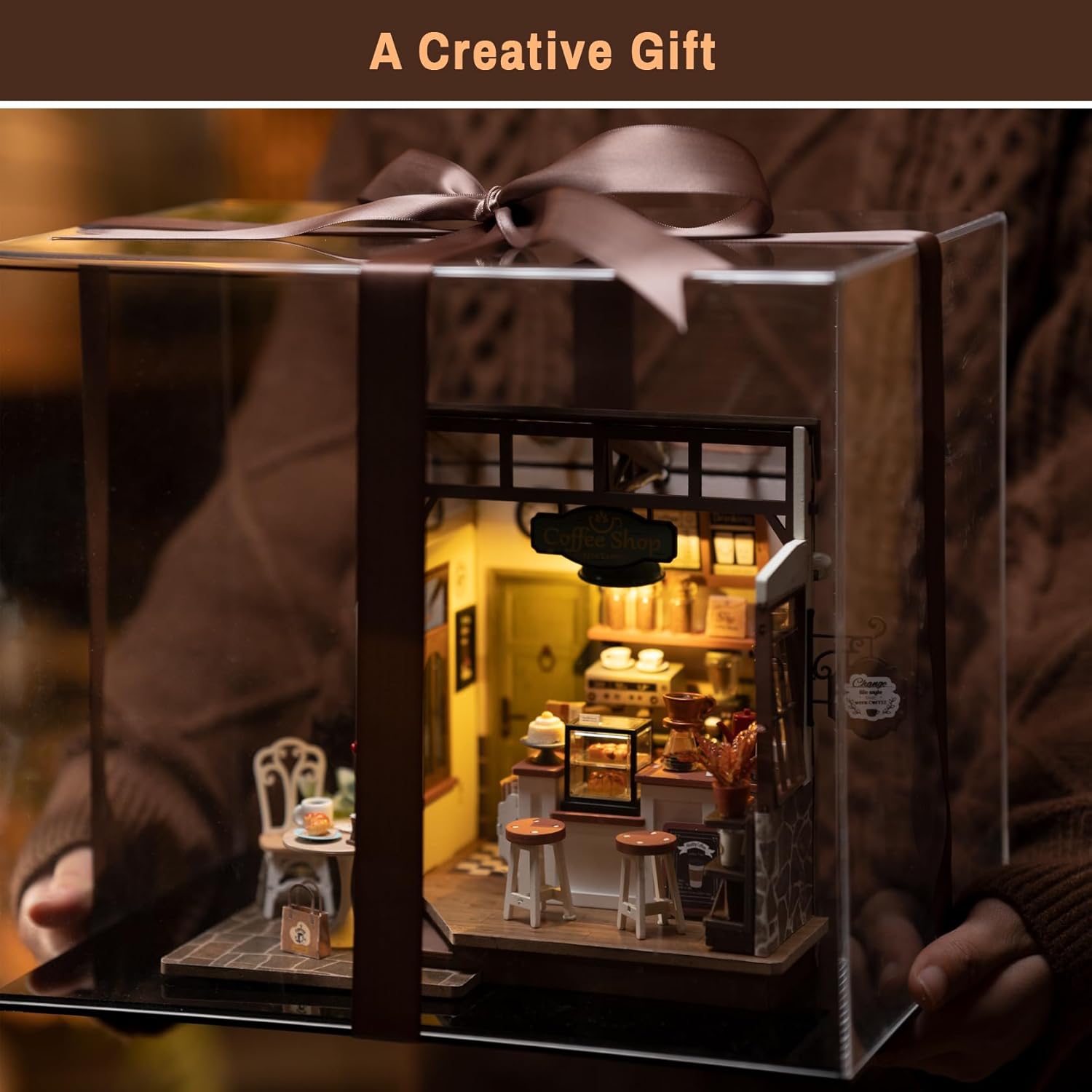 ROBOTIME DIY Miniature Café Dollhouse Kit with LED Lights – Handmade Model House Craft for Home Décor & Gifts
