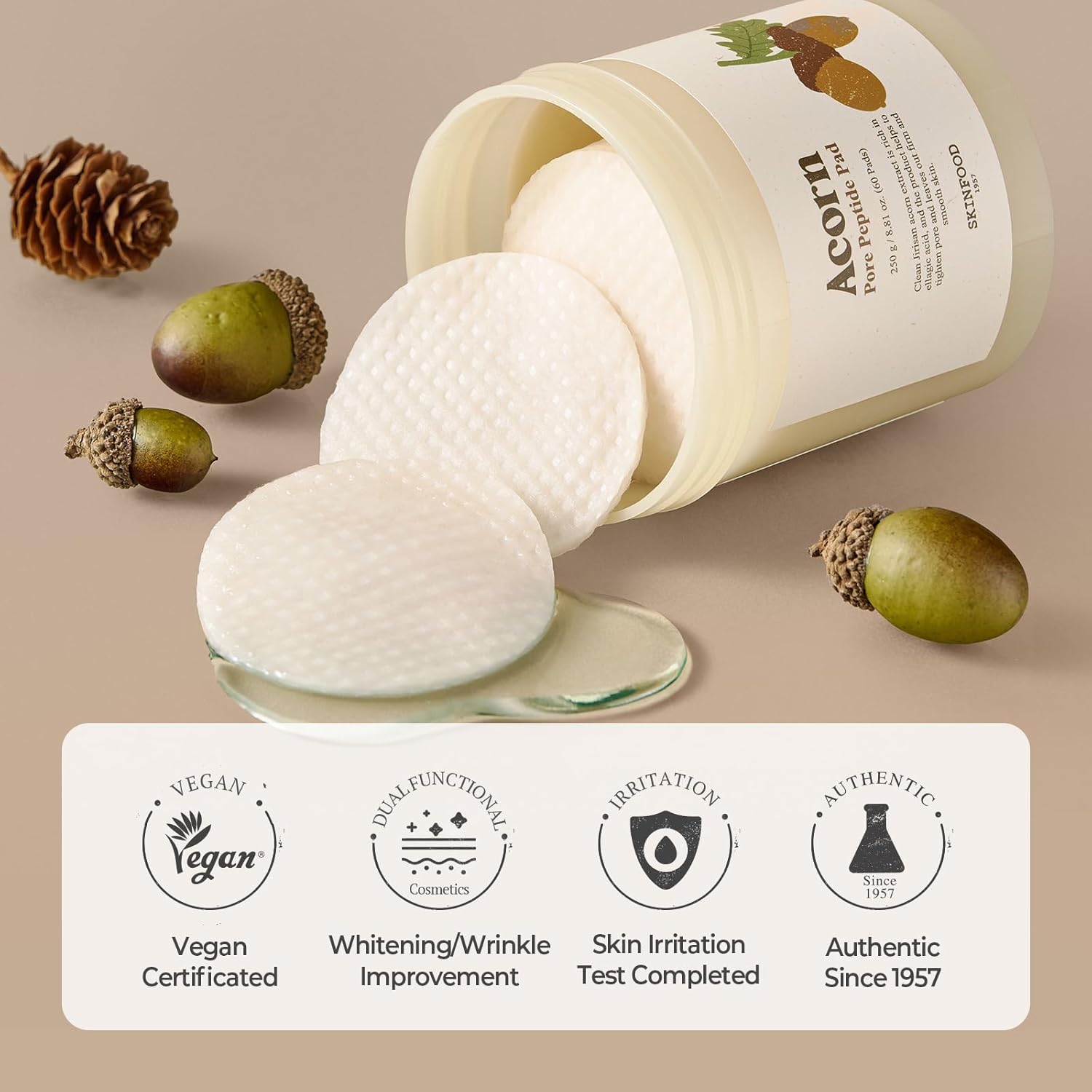 SKINFOOD Acorn Pore Peptide Toner Pads – Pore Care & Hydrating Korean Skincare Pads (250g, 60 Sheets)