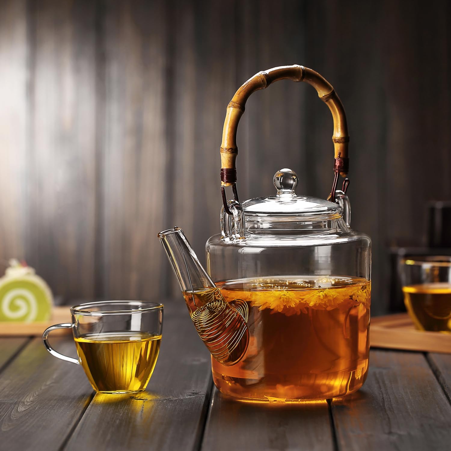 Pocarati Wild Glass Teapot 1350ml – Heat-Resistant, Direct Flame Safe with Gold Strainer