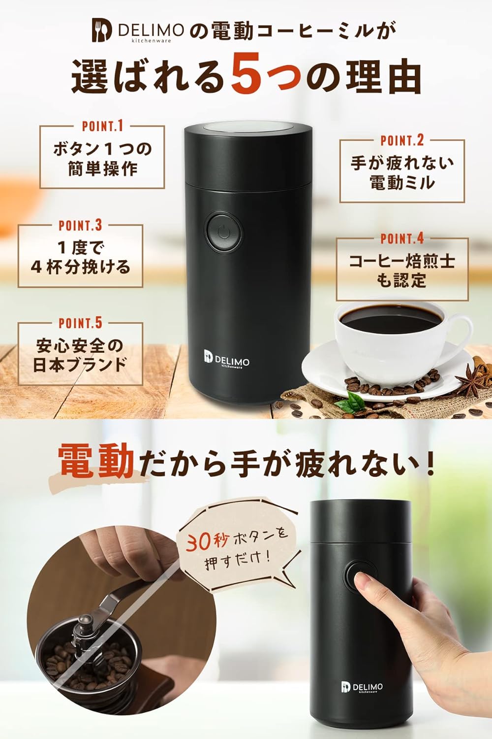 Delimo Electric Coffee Grinder – Powerful Propeller Blade Coffee Mill, Plug-In Design, Fast Grinding, 1-Year Warranty