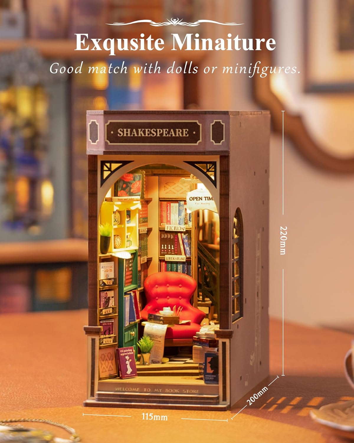 ROBOTIME DIY Book Nook Kit – 3D Wooden Miniature Dollhouse with LED Light, Handmade Bookshelf Decoration for Beginners