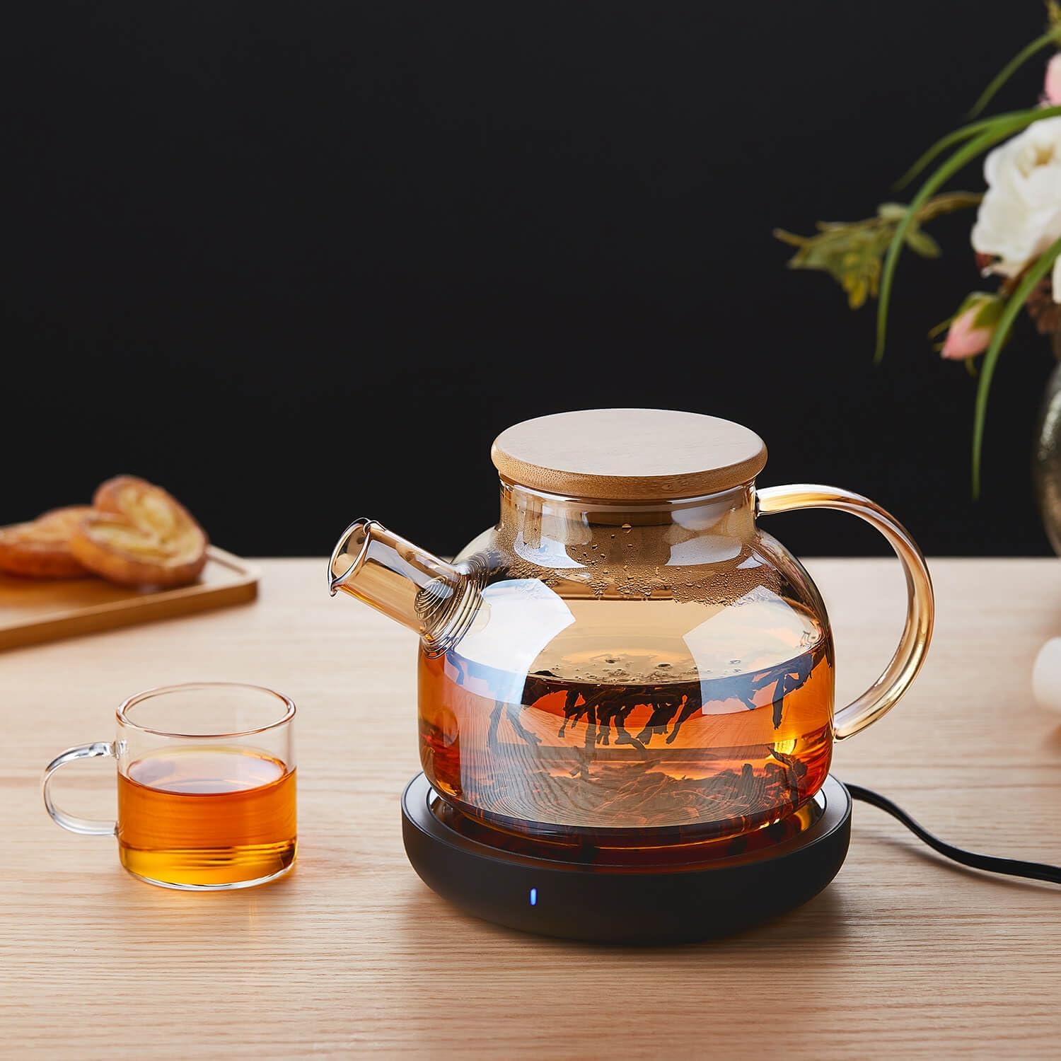 Pocarati Amber Heat-Resistant Glass Teapot 1000ml – Round Design, Direct Flame Safe, Large Capacity