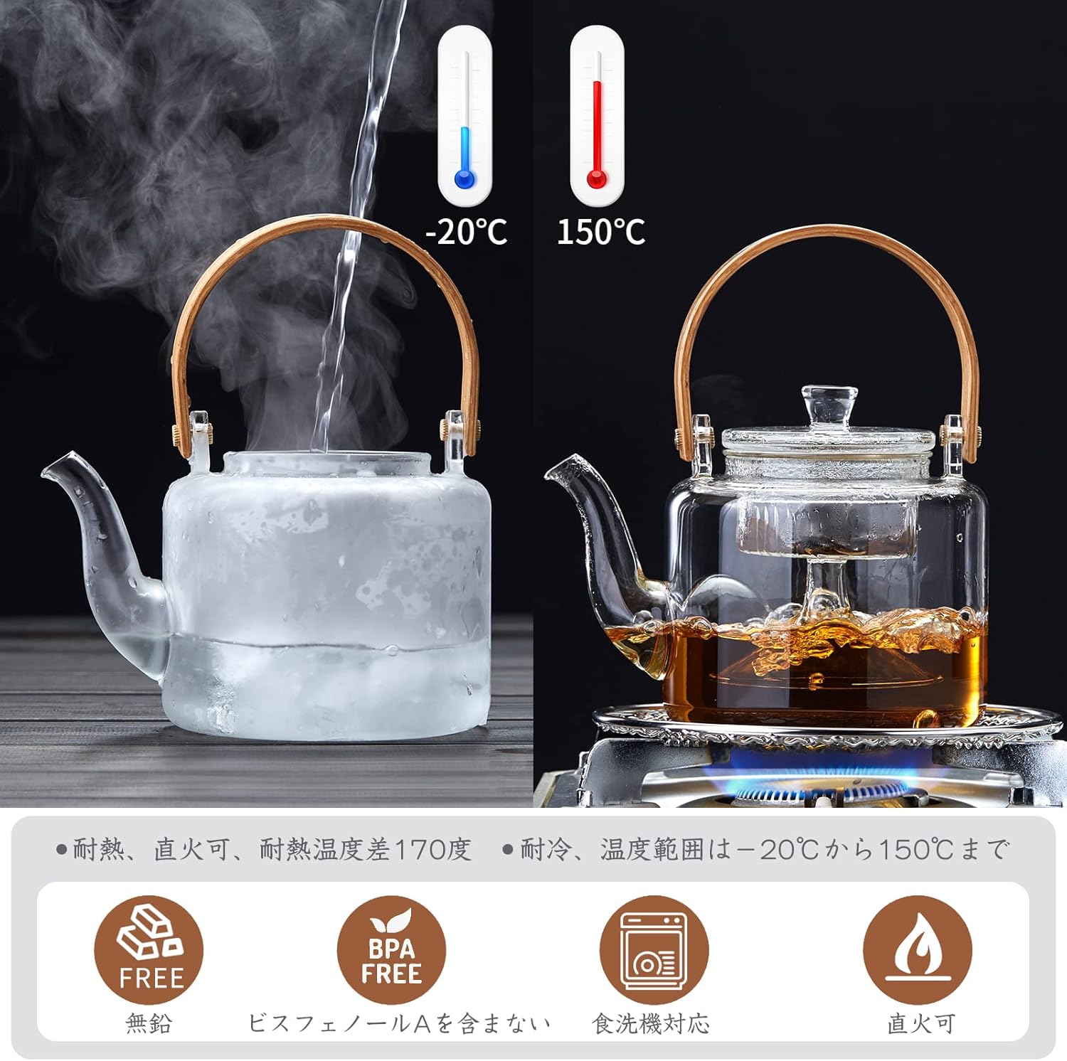 Heat-Resistant Glass Teapot 1000ml – Direct Fire Compatible Tea Kettle with Glass Tea Strainer & Bamboo Handle