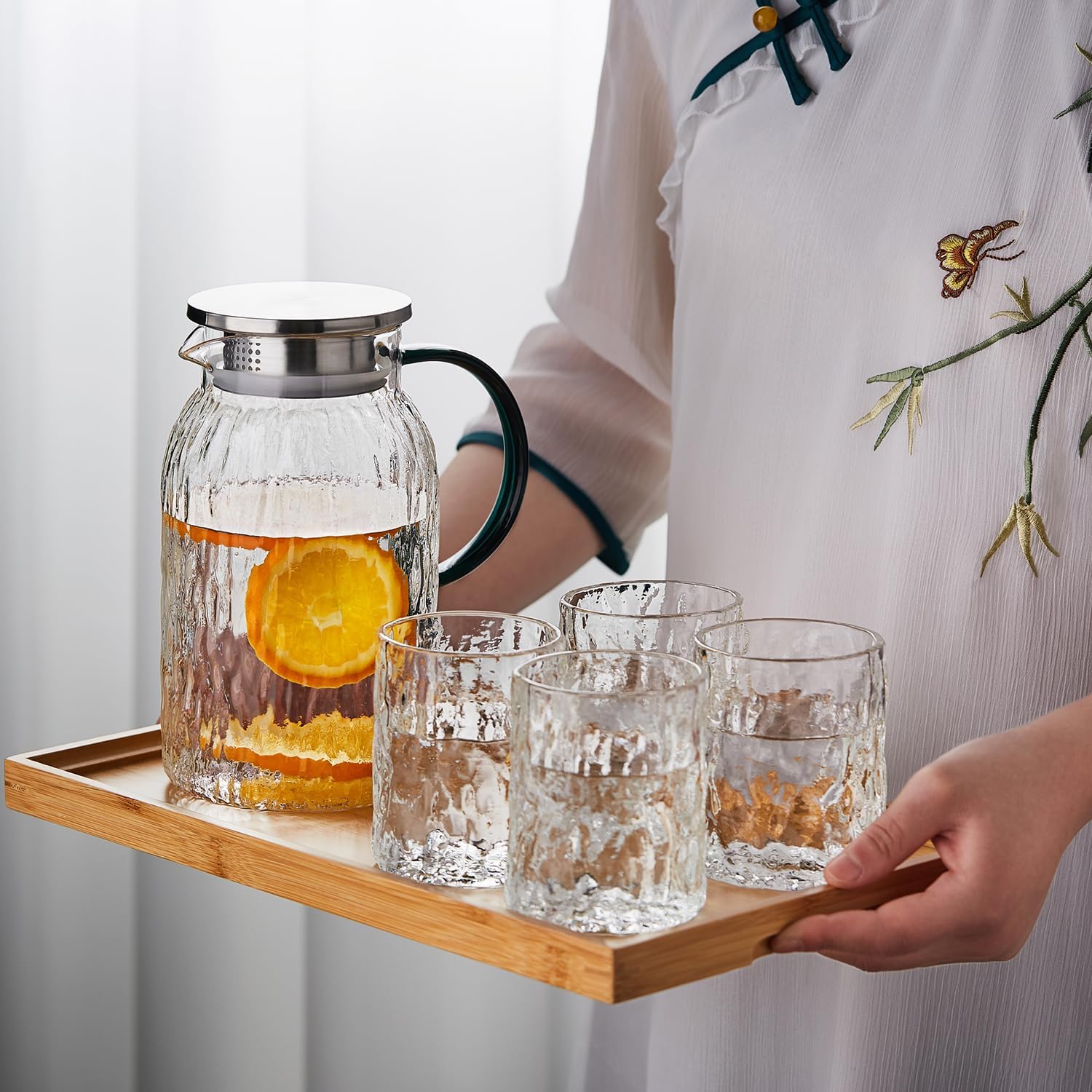 Pocarati Heat-Resistant Glass Pitcher – 1500ml Wood Grain Design Water Carafe