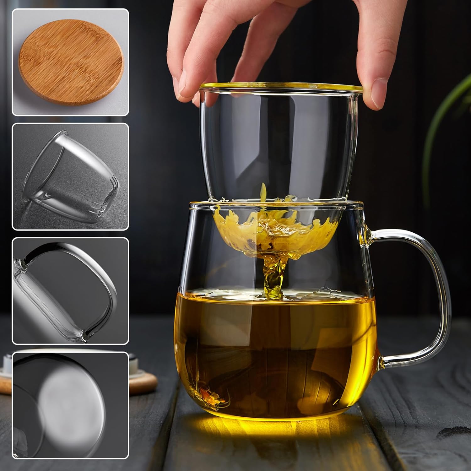 Pocarati Glass Tea Cup – 500ml Heat-Resistant Mug with Removable Infuser & Bamboo Lid