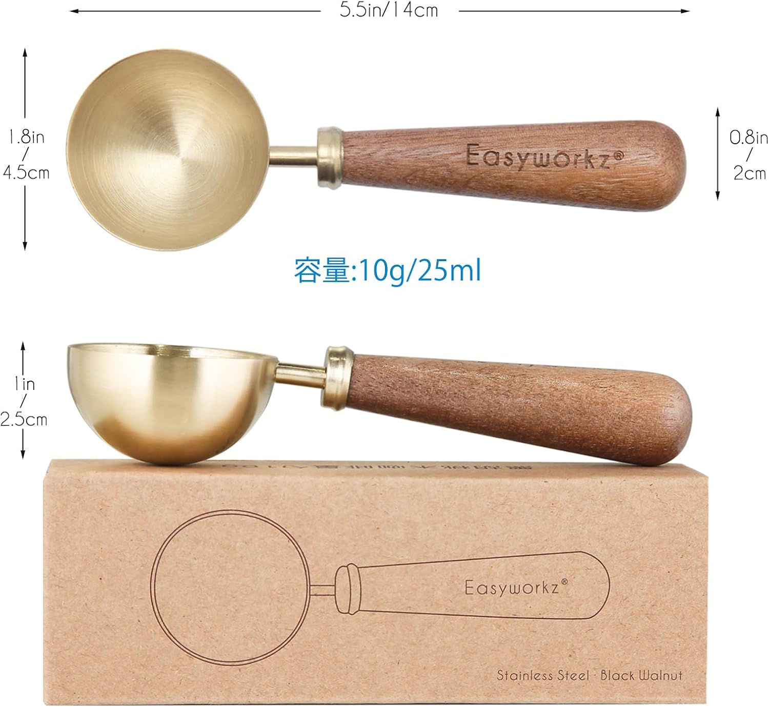 Easyworkz Retro Coffee Measuring Spoon – 10g Stainless Steel Scoop with Black Walnut Handle, Champagne Gold