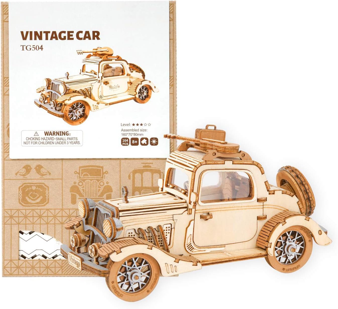 ROBOTIME Classic Car TG504 3D Wooden Puzzle – DIY Craft Model Kit, Educational Toy for Adults & Kids