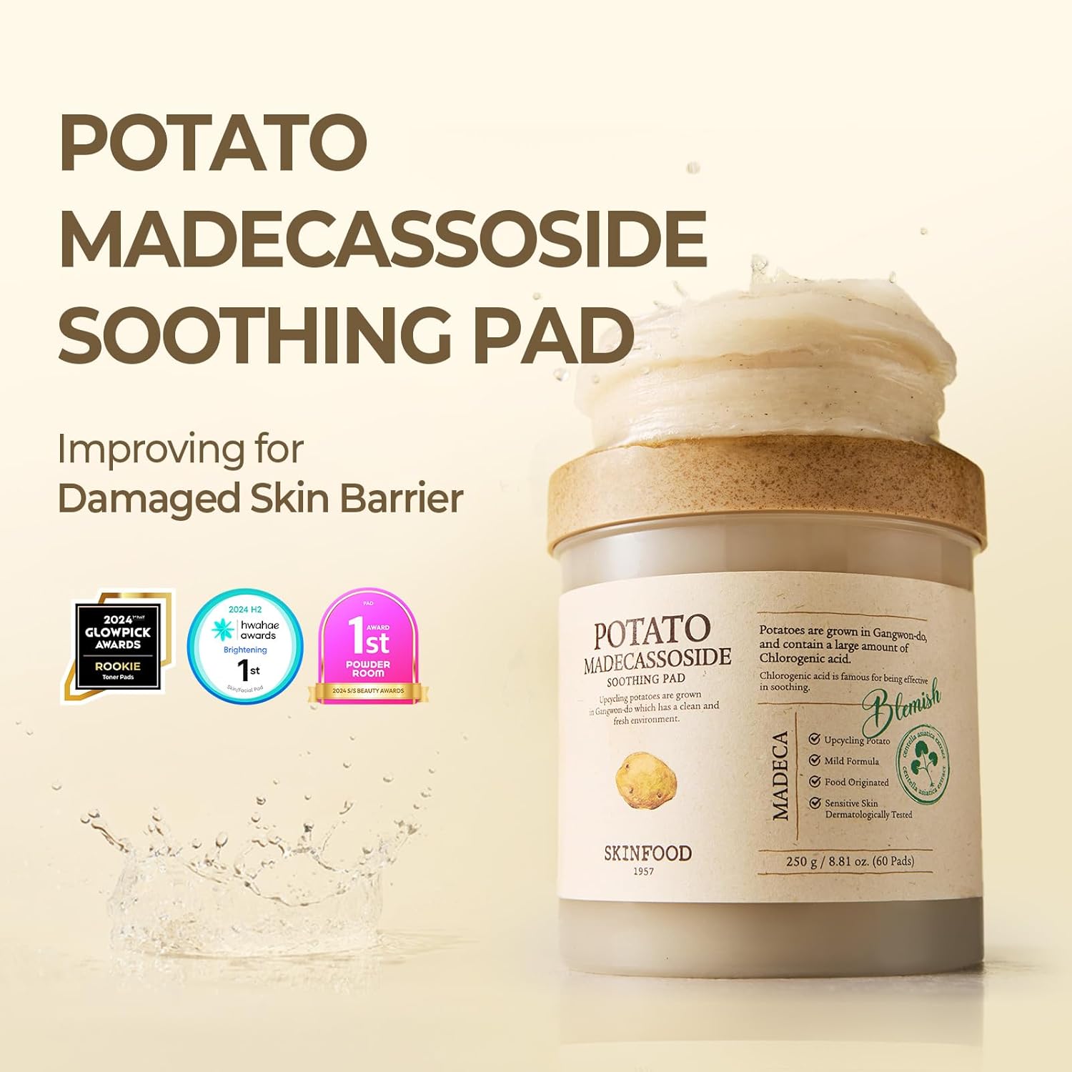 SKINFOOD Potato Madecassoside Soothing Pads – Calming Toner Pads for Sensitive Skin