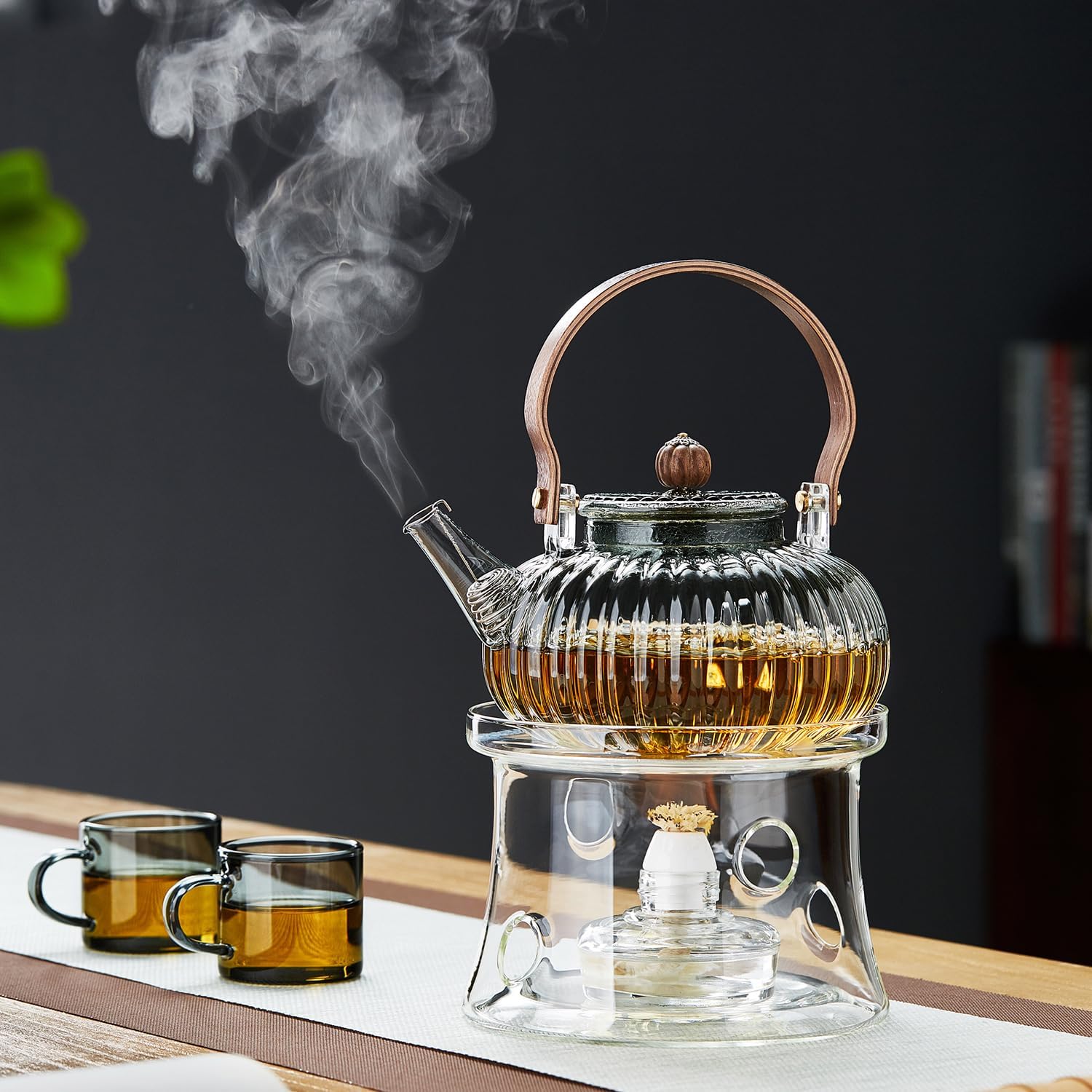 Heat-Resistant Glass Teapot 920ml – Pumpkin Design with Wooden Handle & Tea Strainer