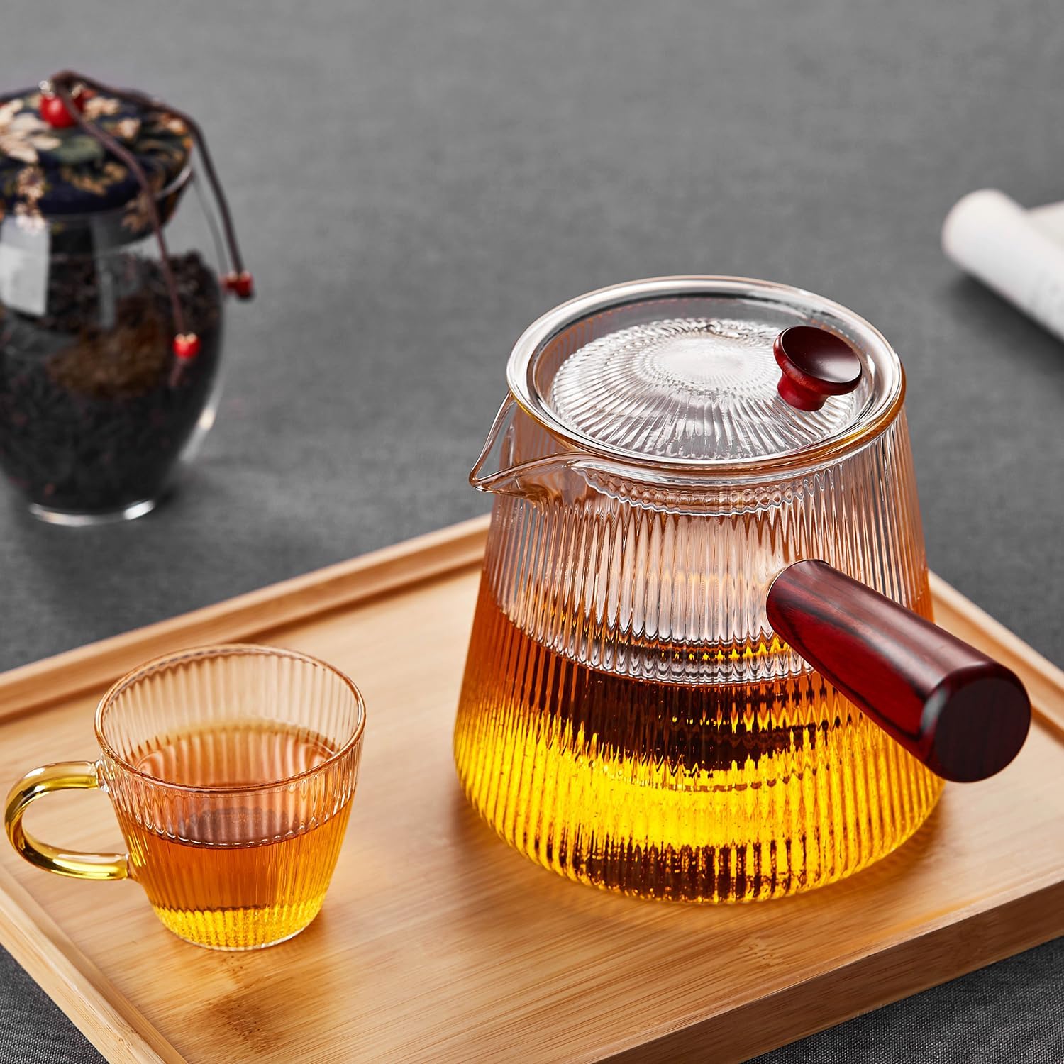 Pokaloti Heat-Resistant Glass Teapot 800ml – Wooden Handle, Transparent Infuser, Open Flame Safe