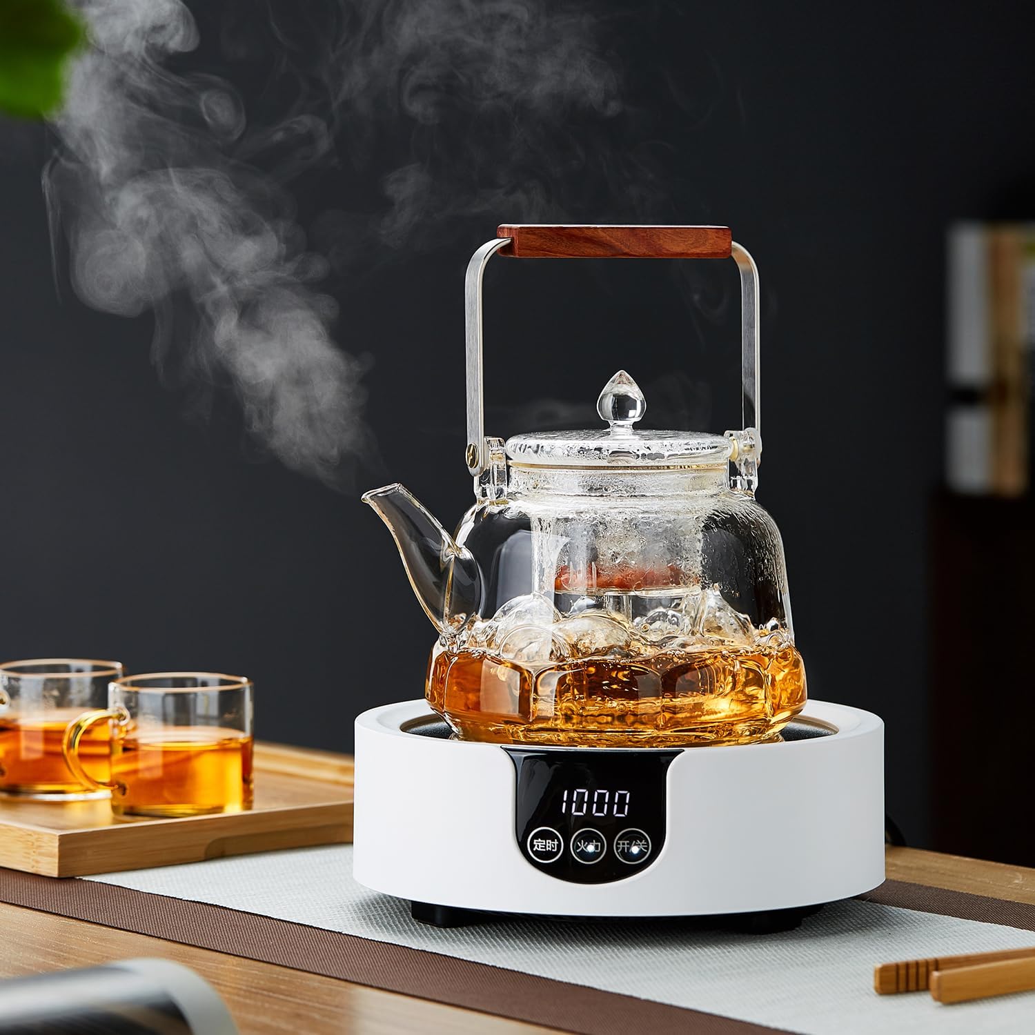 Pocaroty Heat-Resistant Glass Teapot 1060ml – Lotus Base Design, Wooden Handle, Integrated Tea Steamer, Direct Flame Safe