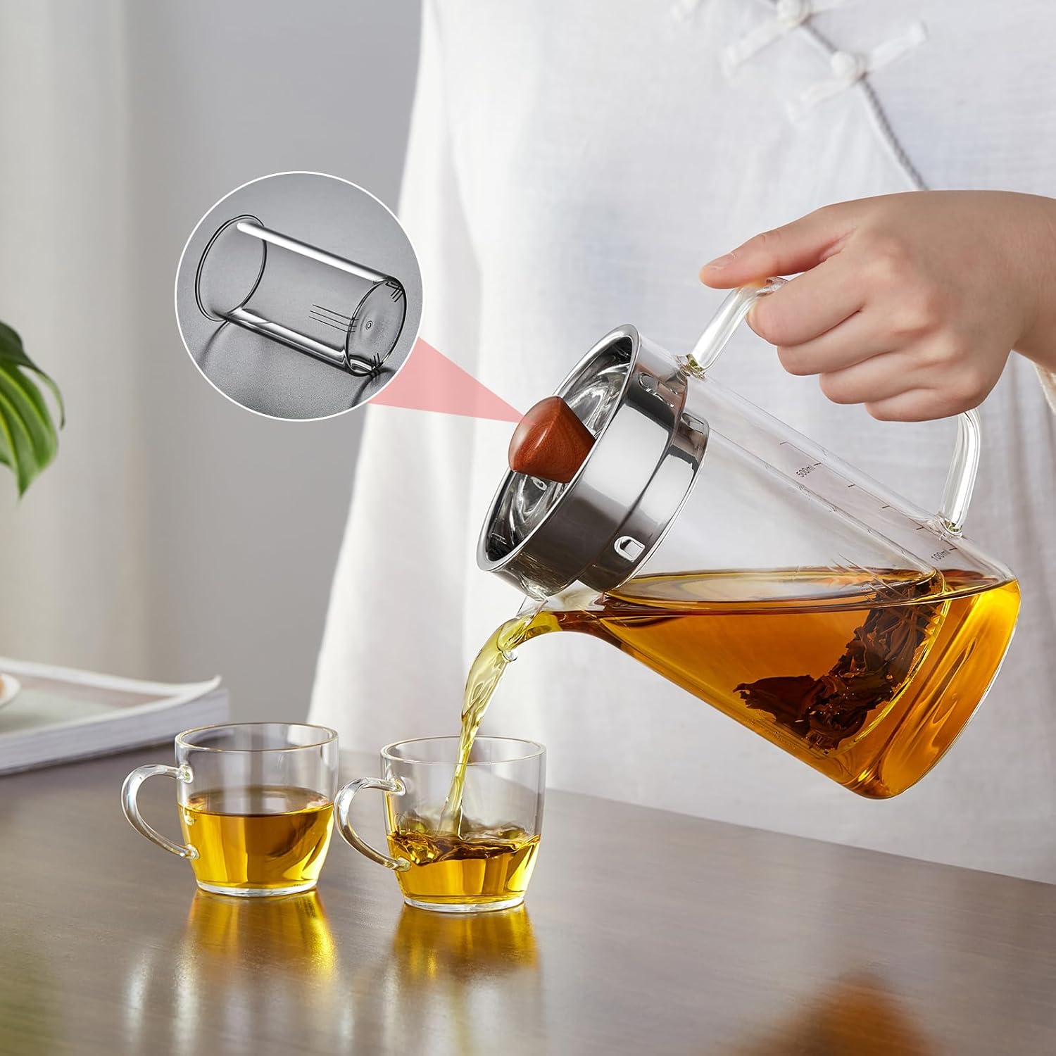 Pocarati Glass Teapot 970ml – Cylindrical Large Capacity, Break-Resistant, with Lid & Strainer
