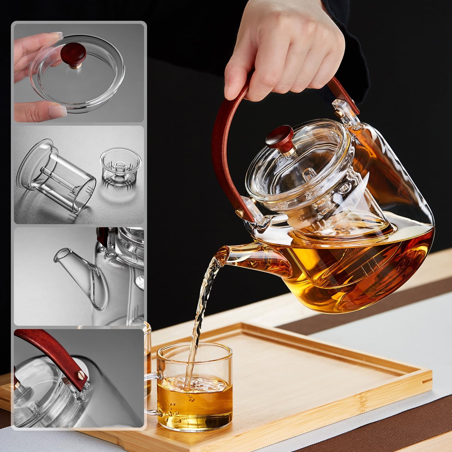 Pocaroty Heat-Resistant Glass Teapot 1100ml – Direct Fire Safe with Wooden Handle & Dual Tea Strainers