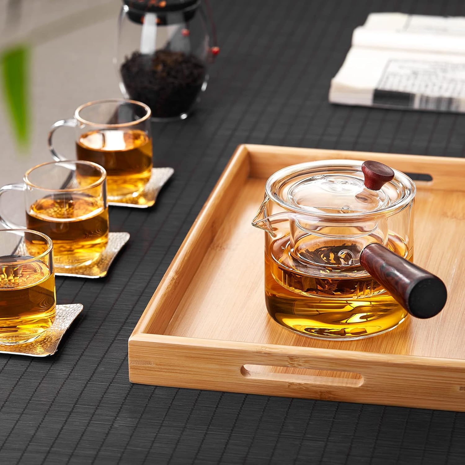 Pocarati Heat-Resistant Glass Teapot 500ml – Side Wooden Handle, Direct Flame Safe, with Glass Tea Strainer