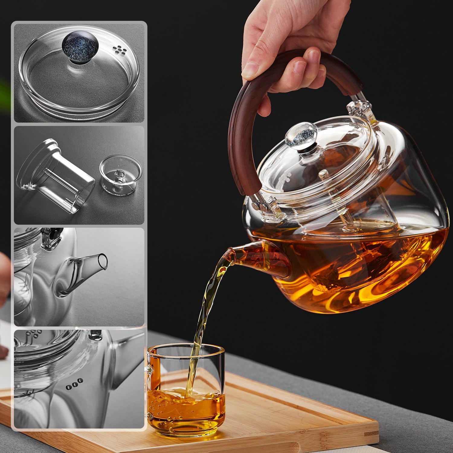Pokaroty Heat-Resistant Glass Teapot 1300ml – Clear Tea Pot with Built-In Tea Strainer
