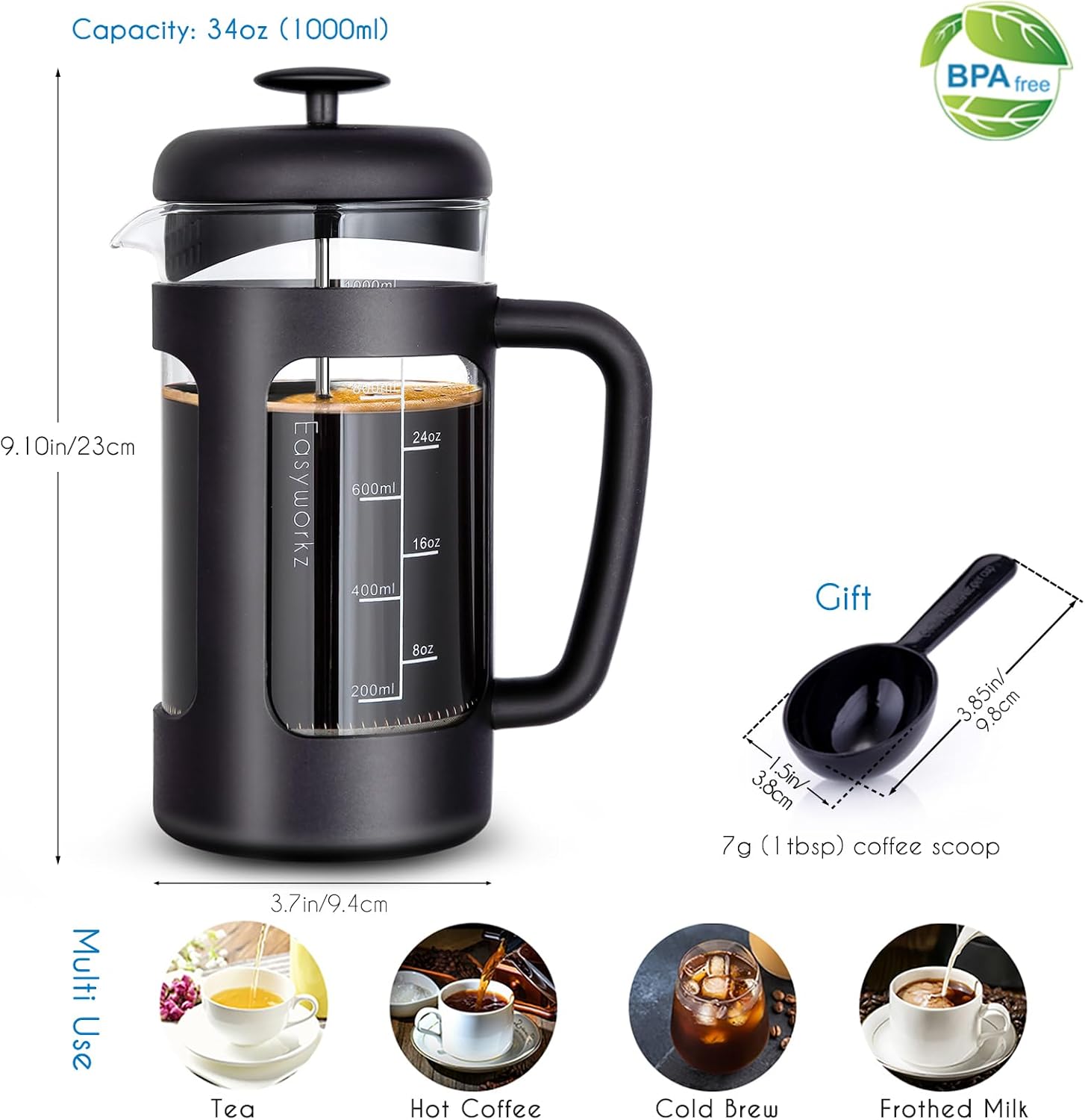 Easyworkz French Press Coffee & Tea Maker – Heat-Resistant Glass, Soft Grip Handle, 1000ml (8 Cups), Black