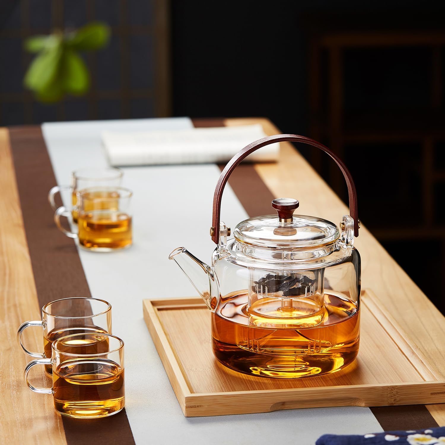 Pocaroty Heat-Resistant Glass Teapot 1100ml – Direct Fire Safe with Wooden Handle & Dual Tea Strainers