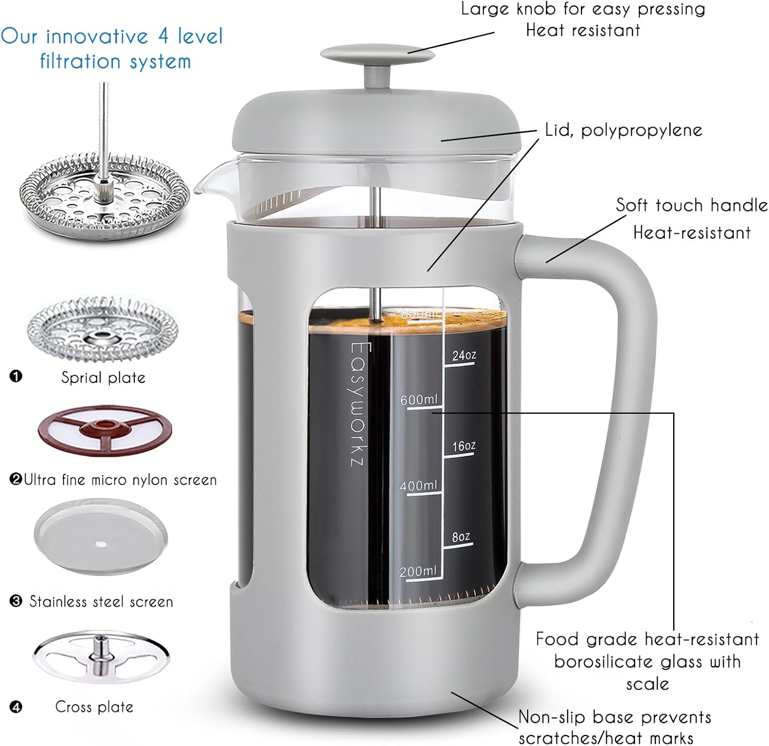 Easyworkz French Press Coffee & Tea Maker – Heat-Resistant Glass, Soft Grip Handle, 1000ml (8 Cups), Light Grey