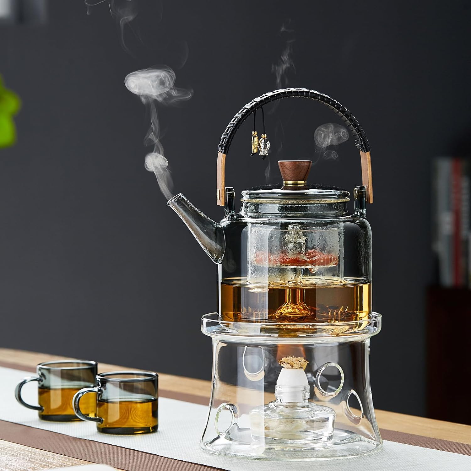 Pisces Heat-Resistant Glass Teapot 1090ml – Direct Fire Safe with Glass Strainer & Bamboo Handle