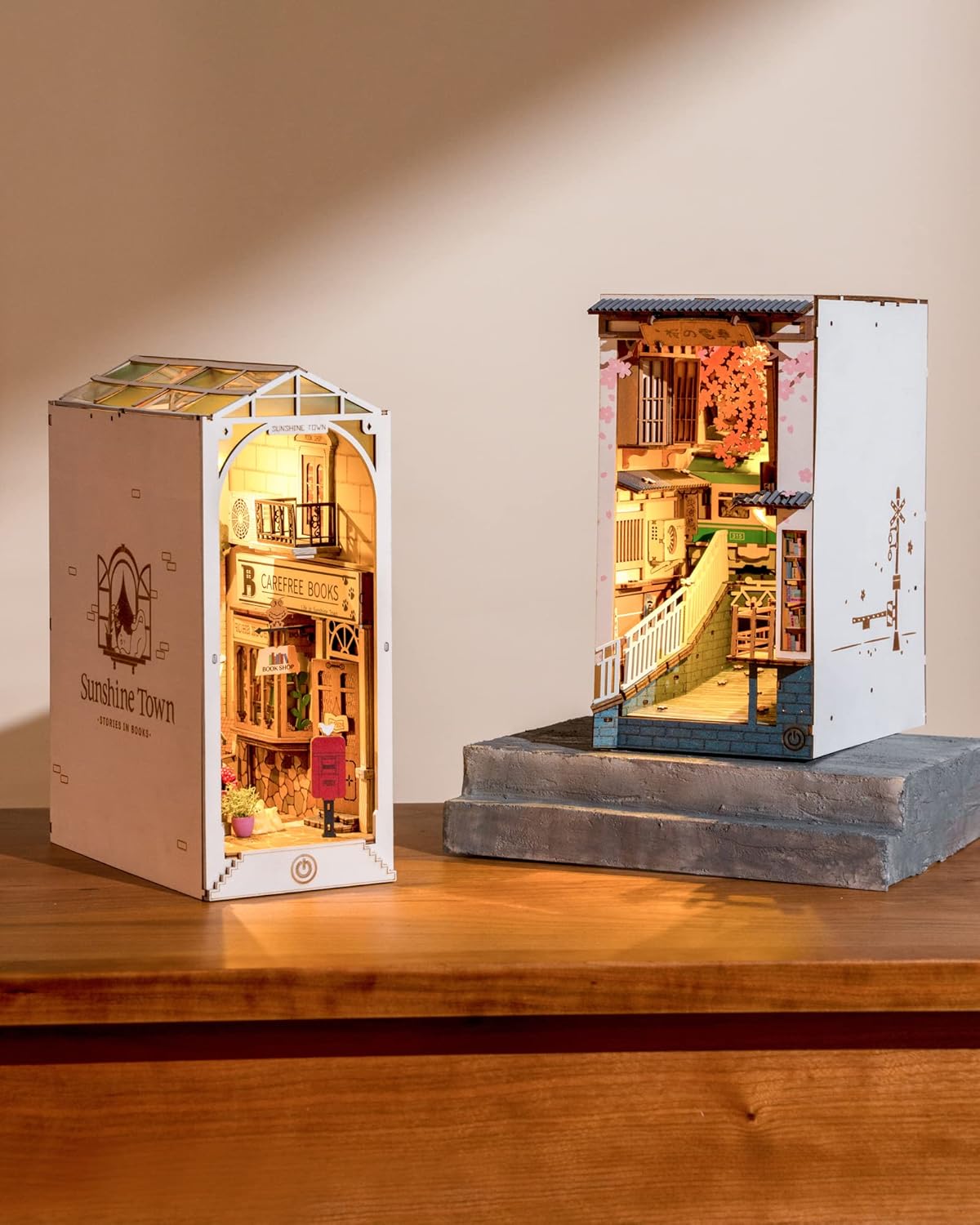 ROBOTIME Cherry Blossom Train Book Nook Kit – DIY 3D Wooden Puzzle with LED Lights & Bookend Function