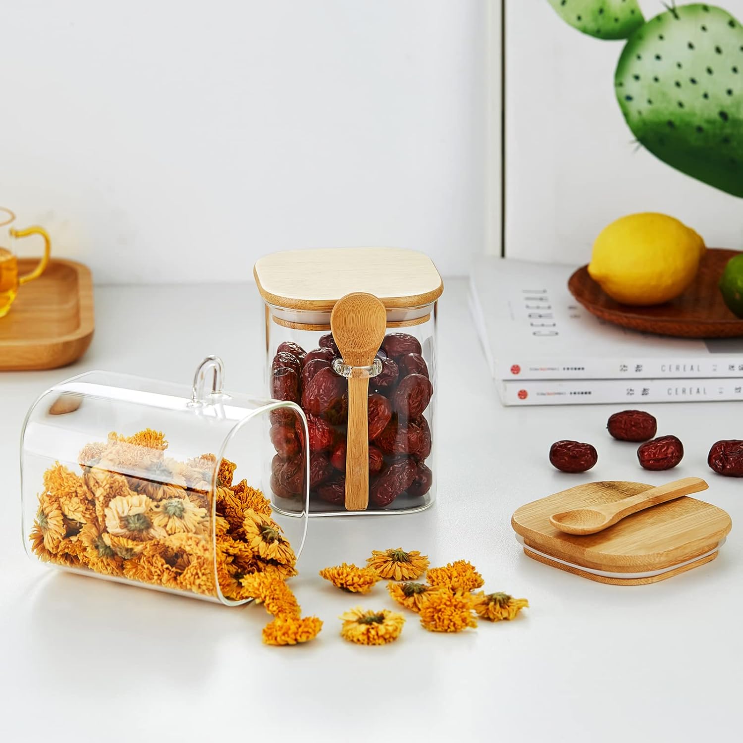 Airtight Glass Storage Canisters – 900ml Set of 2 with Bamboo Lids & Spoons