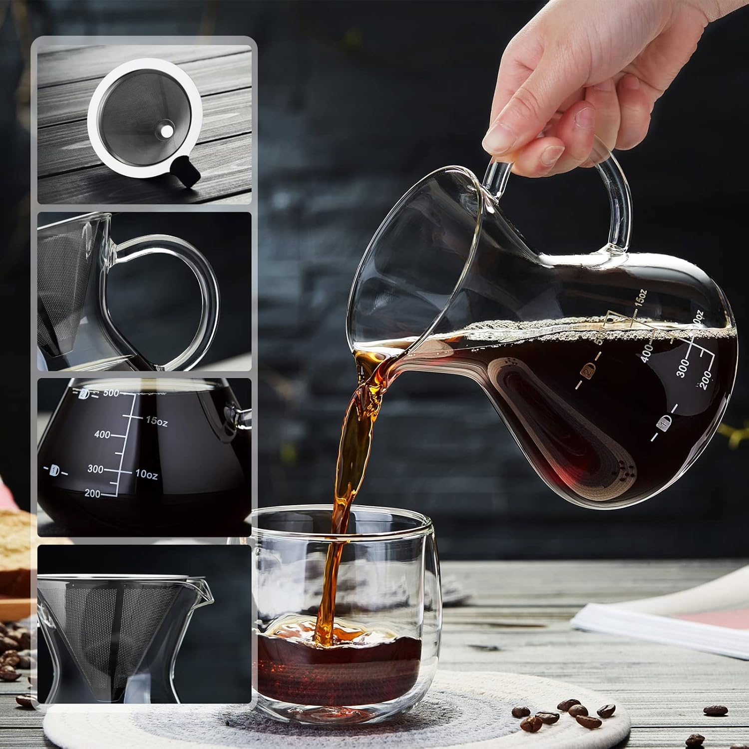 Pokarotee Drip Coffee Server – 500ml Glass Carafe with Reusable Stainless Steel Filter