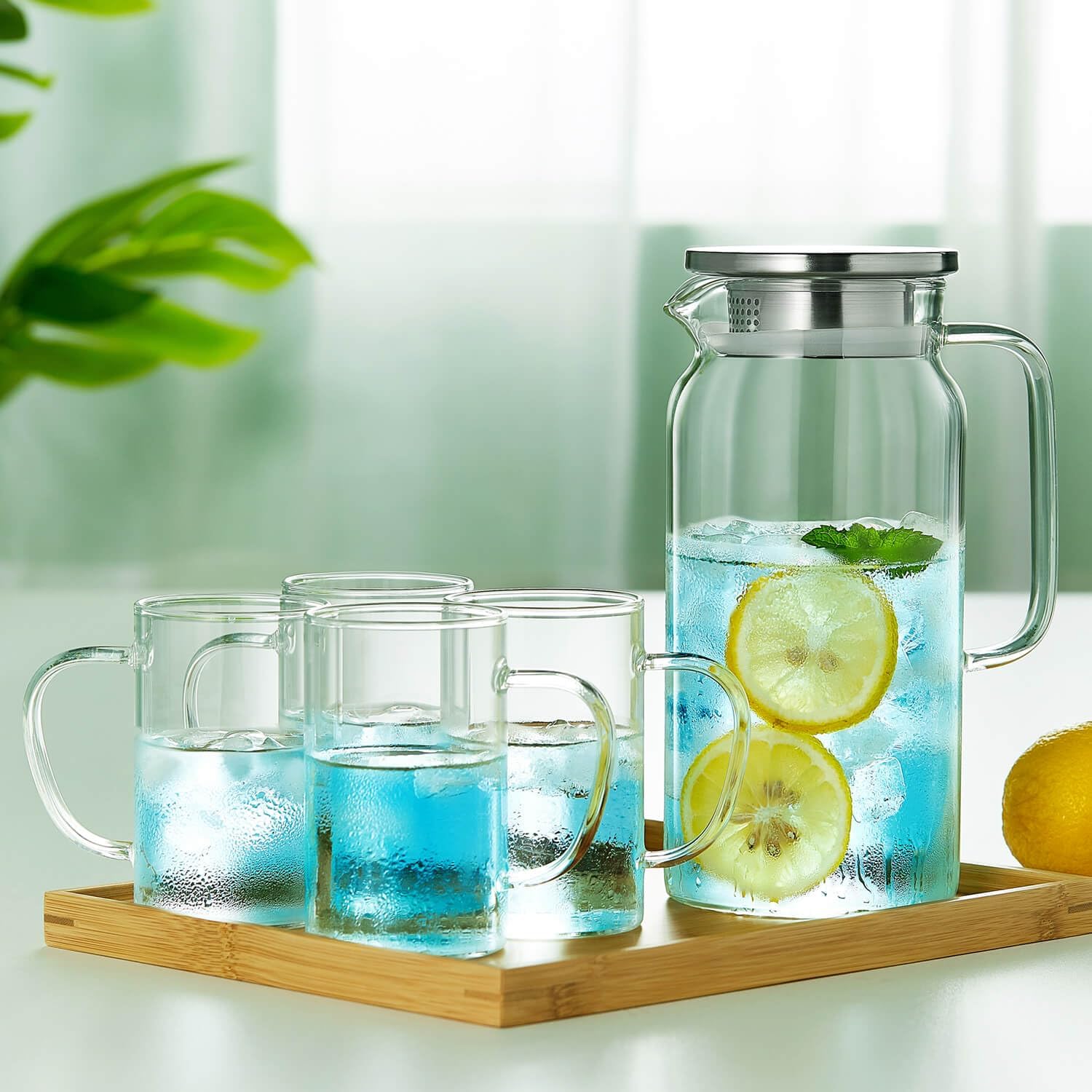 Pocaroty Heat-Resistant Glass Pitcher – 1250ml Large Capacity Water Carafe with Lid