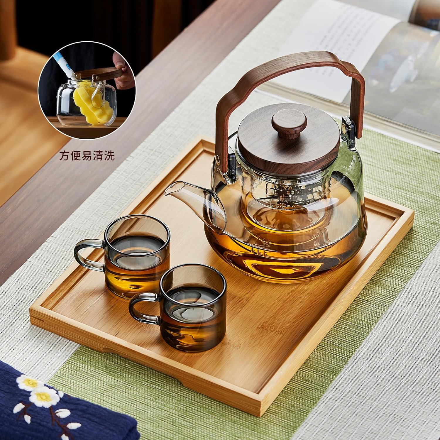 Pocarati Heat-Resistant Glass Teapot 1100ml – Inky Design, Wooden Handle, Glass Infuser, Direct Flame Safe