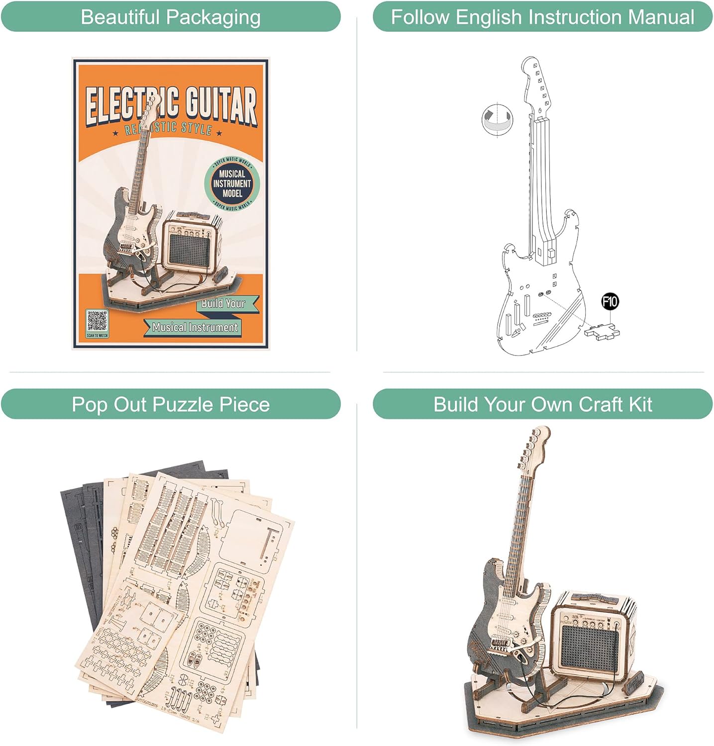 ROBOTIME Electric Guitar 3D Wooden Puzzle – DIY Craft Assembly Model Kit, Musical Instrument Series