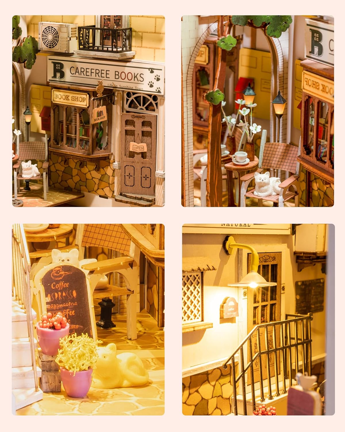 ROBOTIME Sunshine Town Book Nook Kit – DIY 3D Wooden Puzzle Miniature House with LED Light & Bookend