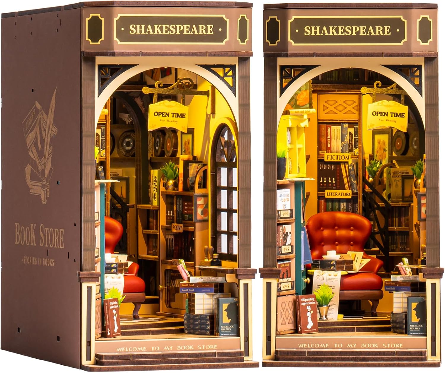 Rolife Bookstore Book Nook Kit | 3D Wooden Puzzle Miniature Shelf Decor with LED Light