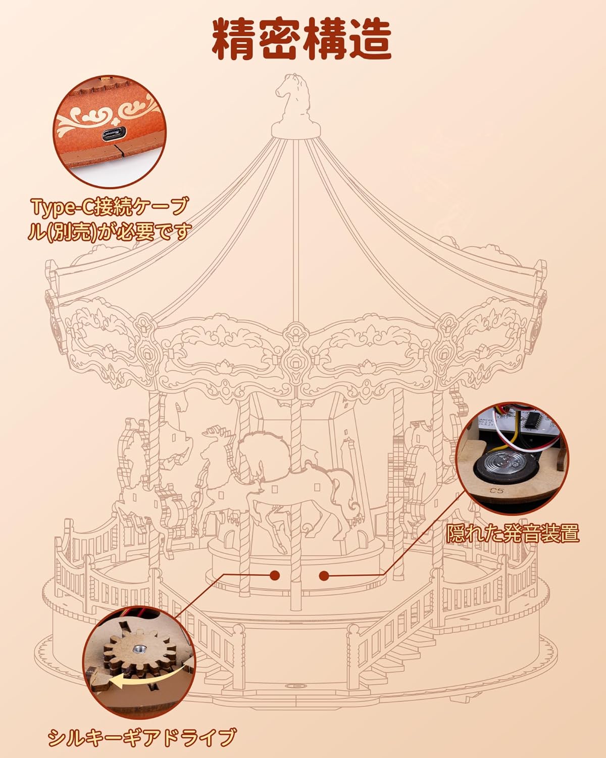 ROBOTIME Classic Merry-Go-Round 3D Wooden Puzzle with LED Light & Music Box – DIY Craft Assembly Kit for Kids and Adults